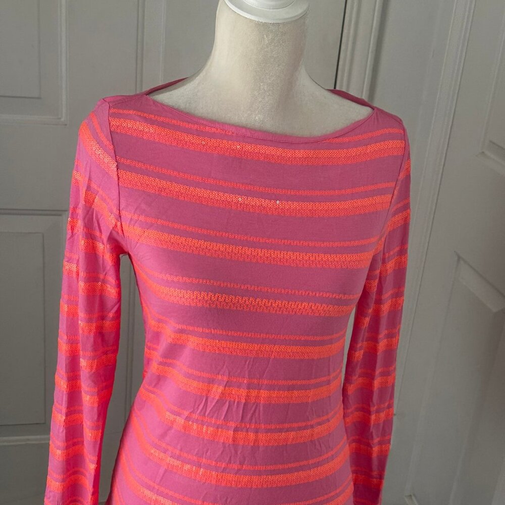 Joe Fresh Pink Orange Sequin Stripe Knit Top Small Petite Y2K Party
